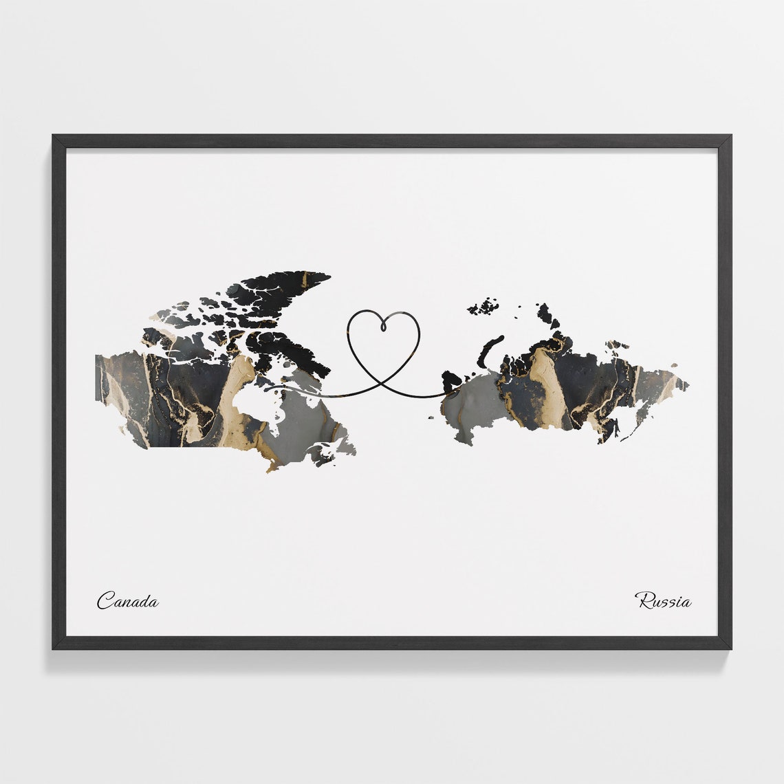 Canada Russia Black Gold Marble Map Art Heart Connection Poster