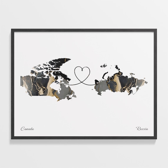 Canada Russia Black Gold Marble Map Art Heart Connection Poster