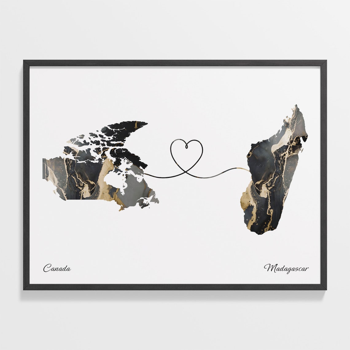 Canada Madagascar Black Gold Marble Map Art Heart Connection Poster