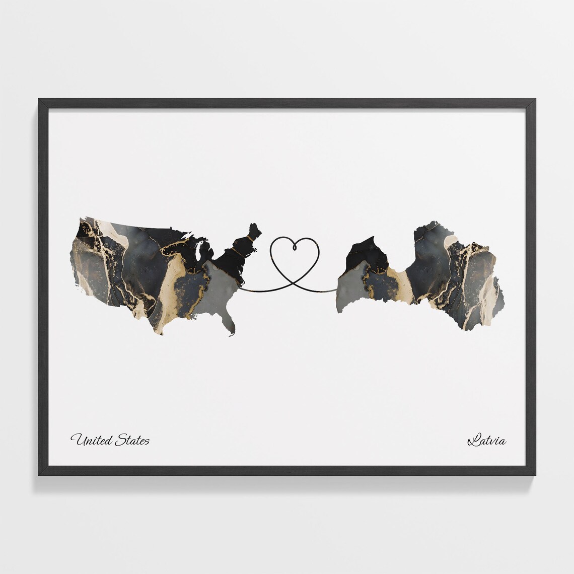 United States to Latvia Two Country Long Distance Heart Marble Map Poster