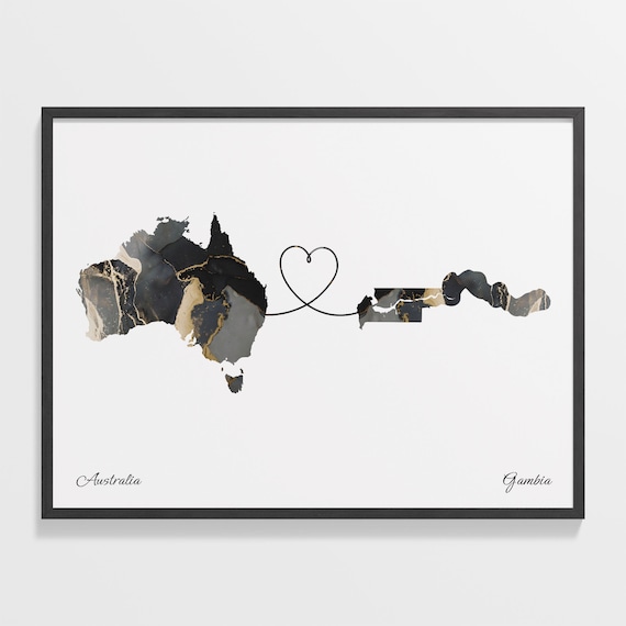Australia To Gambia Marble Heart Map Two Country Long Distance Gift Poster