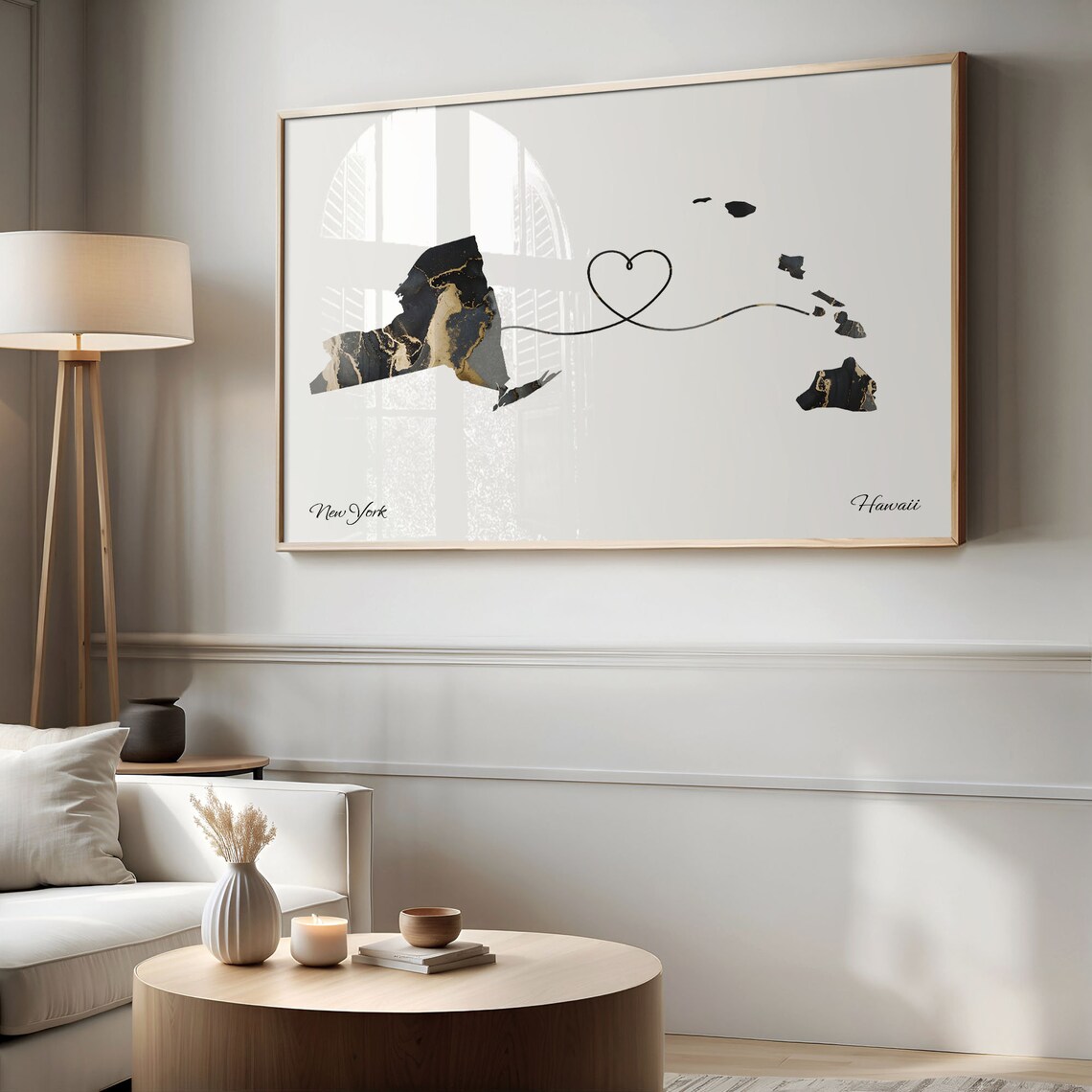 New York to Hawaii Heart Connection Modern Marble Map Poster - Image 2