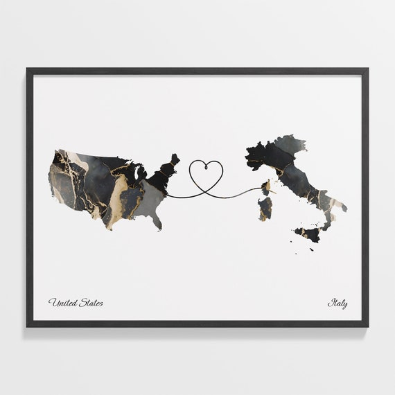USA to Italy Map Art Print, Expatriate Travel