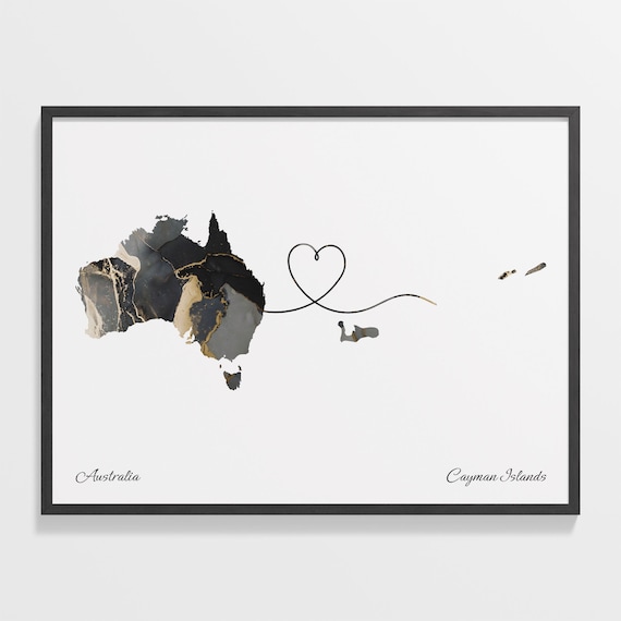 Australia to Cayman Islands Black and Gold Marble Two Country Map Poster
