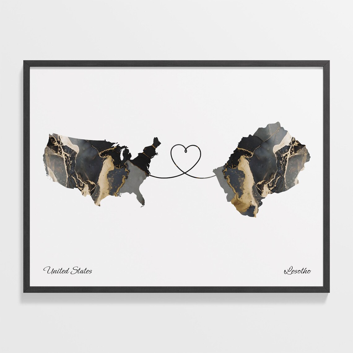 United States and Lesotho Marble Heart Map Long Distance Poster