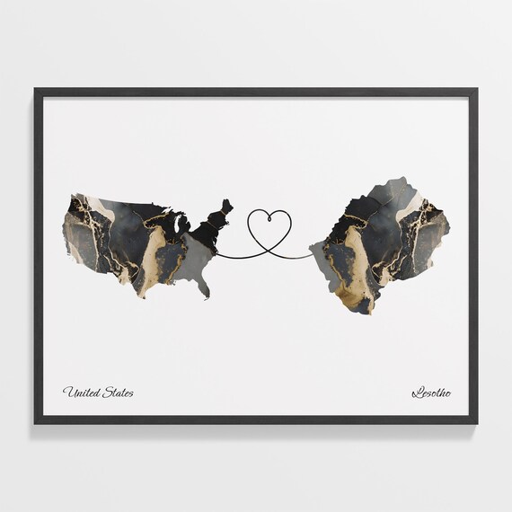 United States and Lesotho Marble Heart Map Long Distance Poster