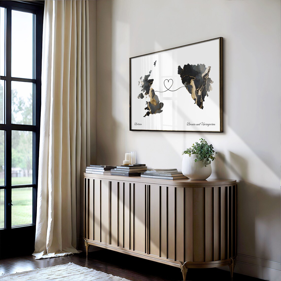 Britain to Bosnia and Herzegovina Marble Heart Map Print Long Distance Relationship Gift - Image 4