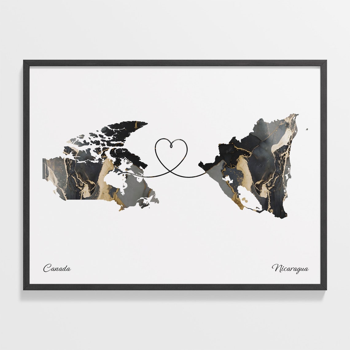 Canada Nicaragua Black Gold Marble Map Art Heart Connection Poster