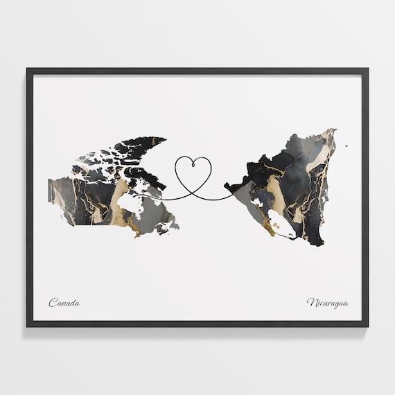 Canada Nicaragua Black Gold Marble Map Art Heart Connection Poster