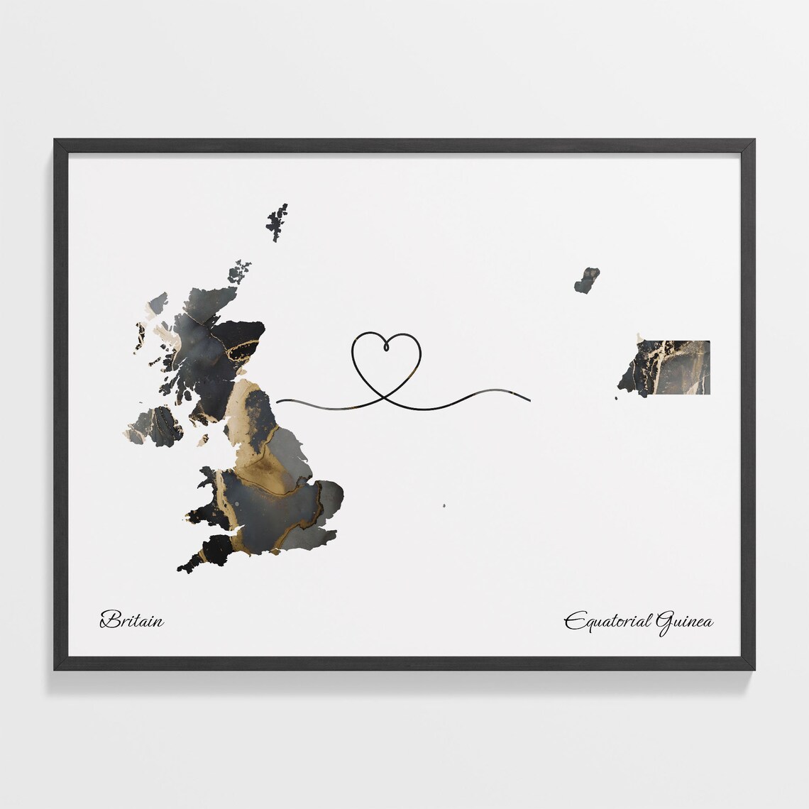 Britain to Equatorial Guinea Marble Heart Map Poster Gift for Long Distance Love