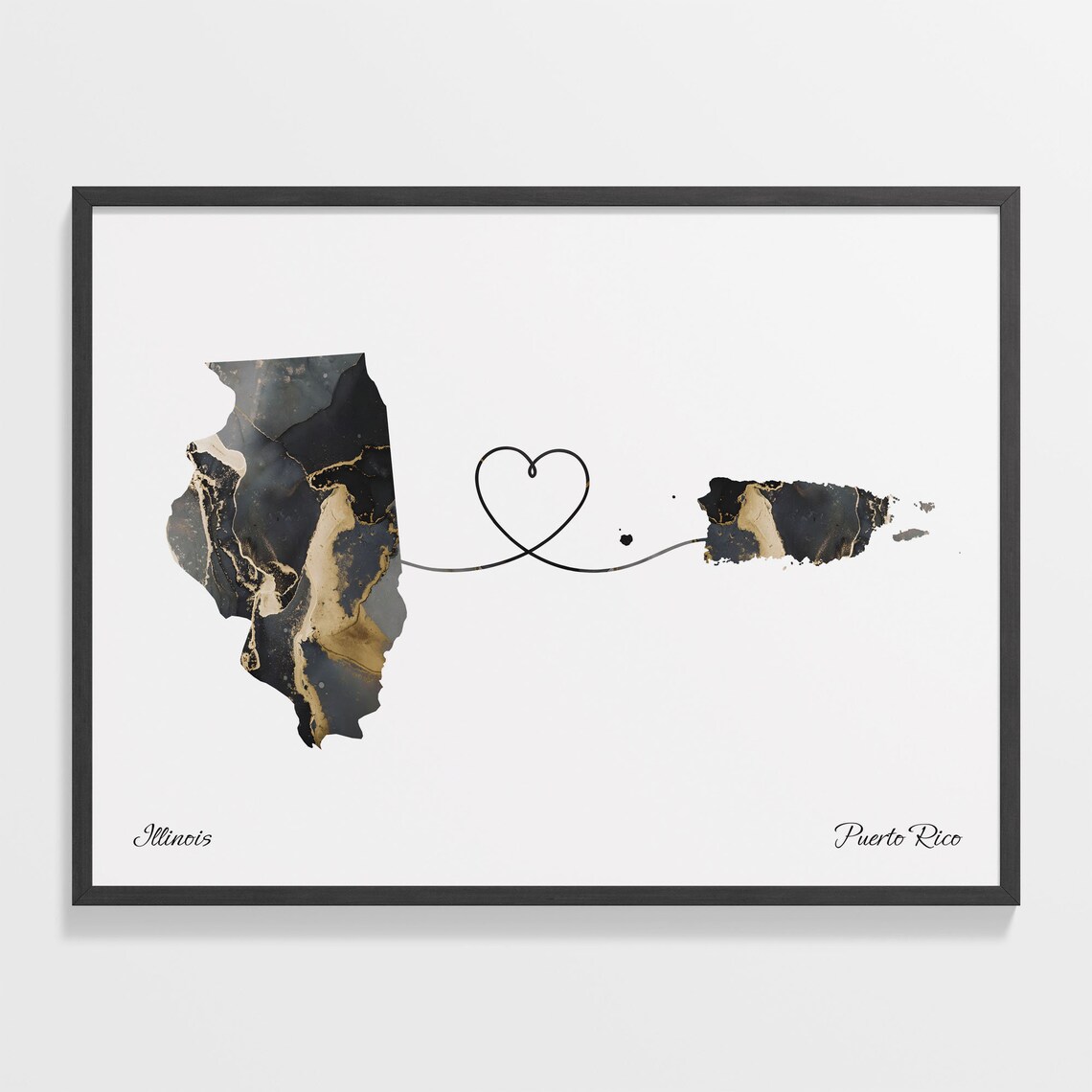 Illinois and Puerto Rico Connected Marble Heart Map Gift Poster