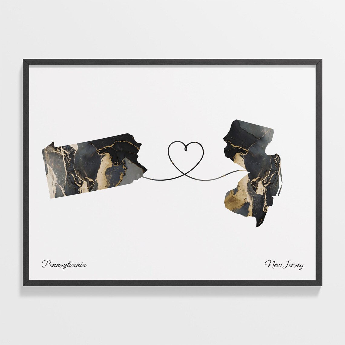 Pennsylvania to New Jersey Long Distance Love Marble Map Art Poster