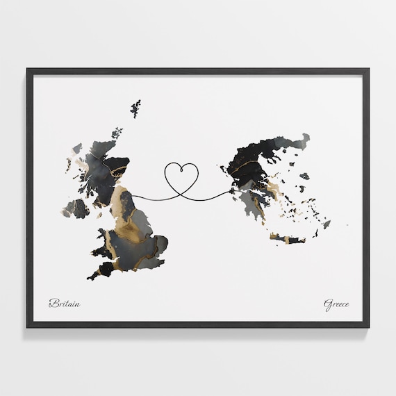Britain to Greece Marble Map with Heart Long Distance Love Poster
