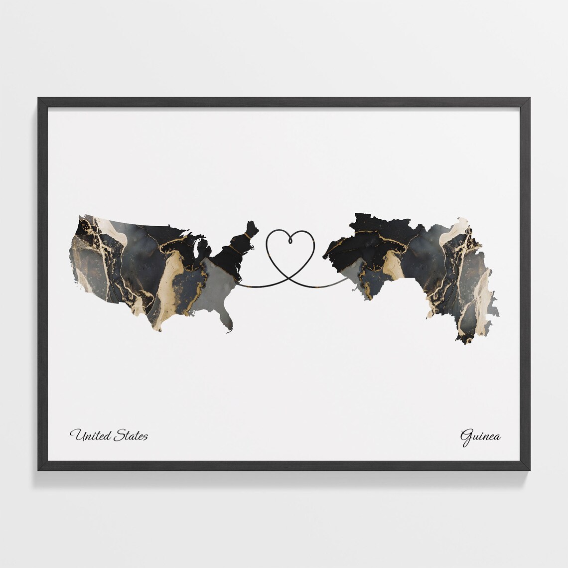 United States and Guinea Black Marble Heart Connection Map Poster