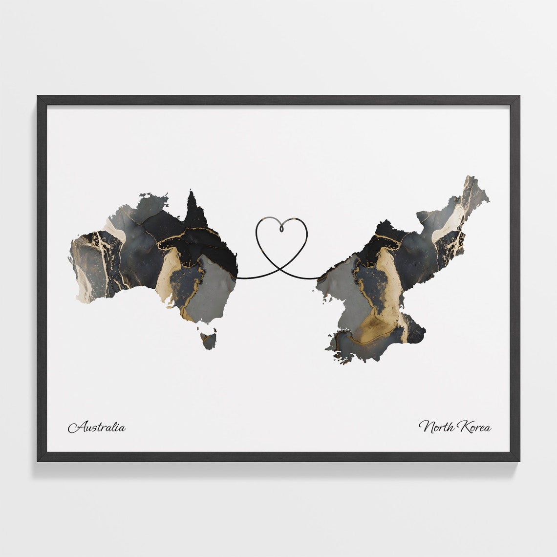 Australia North Korea Long Distance Love Heart Marble Map Gift Poster