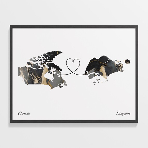 Canada to Singapore Black and Gold Marble Two Country Map Poster