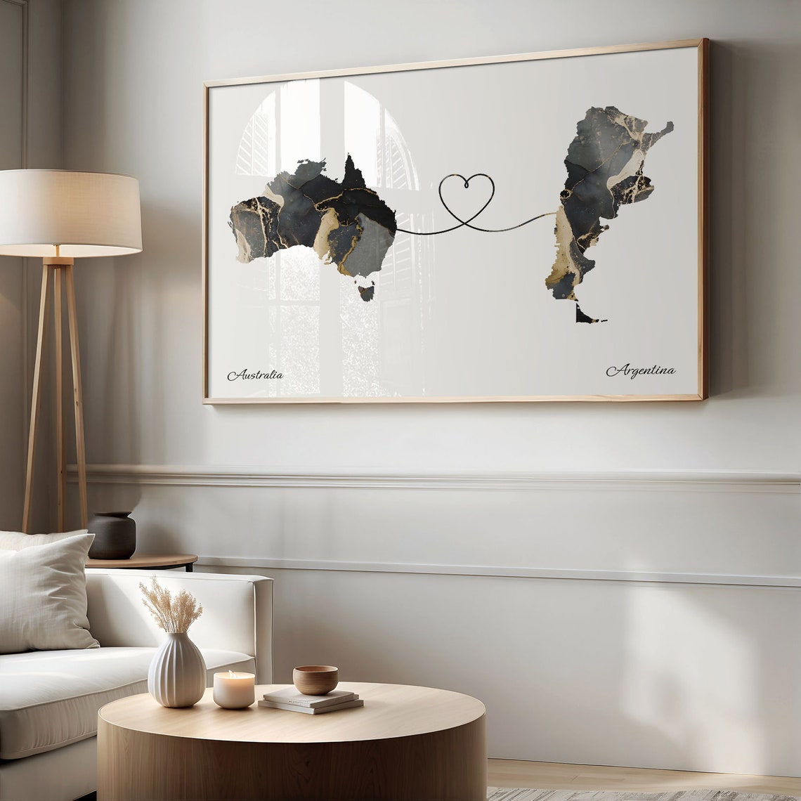 Australia and Argentina Black Marble Heart Connection Map Poster - Image 2