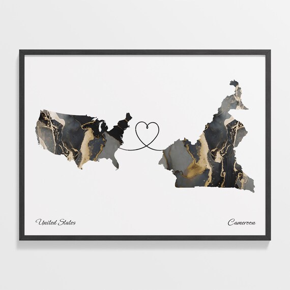 United States and Cameroon Marble Map Heart Long Distance Poster