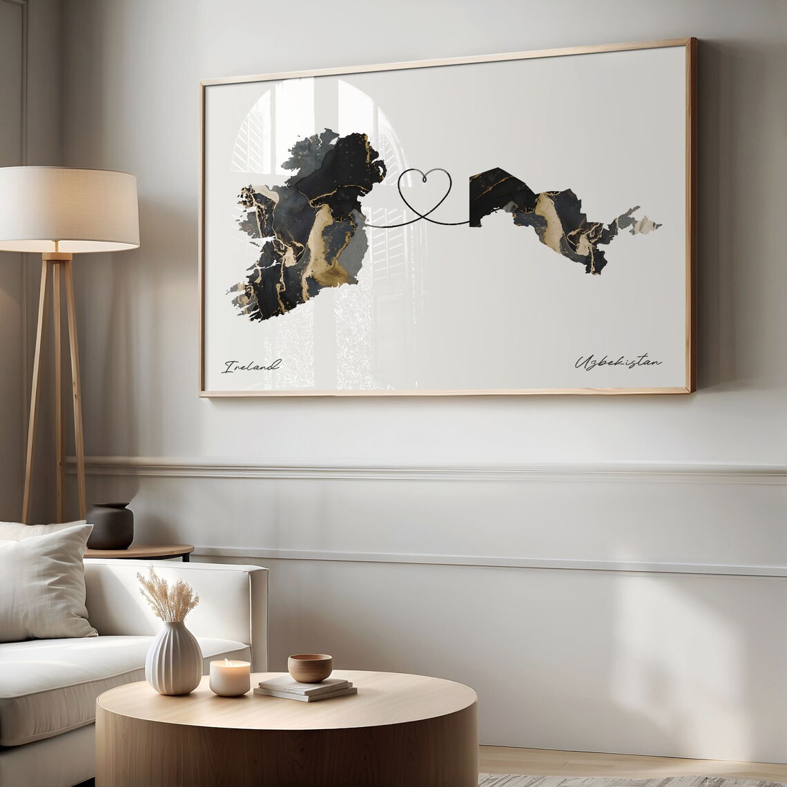Ireland to Uzbekistan Black Gold Marble Map Heart Line Art Poster - Image 2