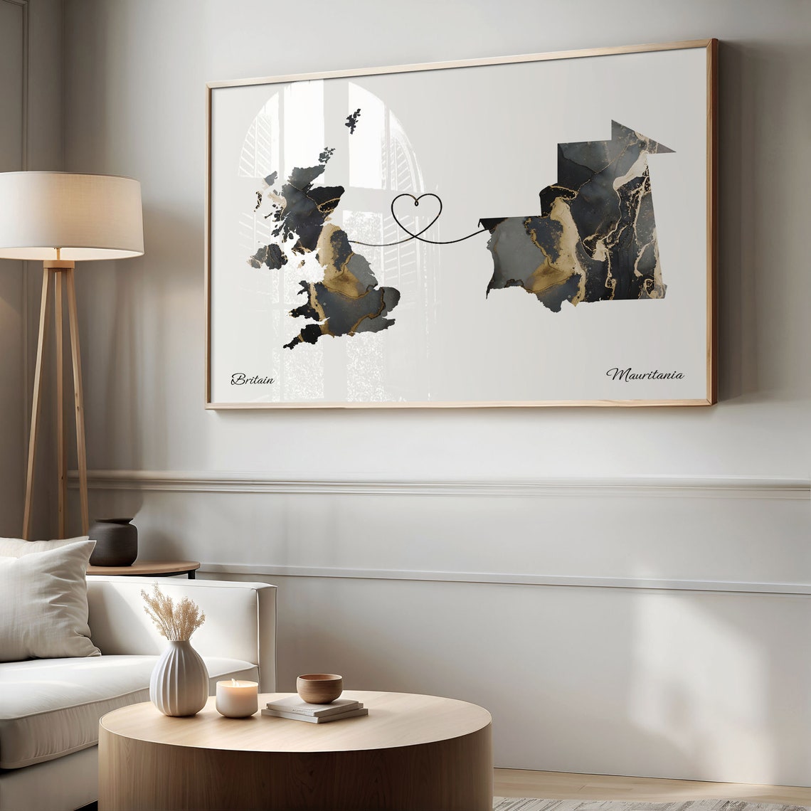 Britain and Mauritania Black Gold Marble Two Country Love Map Poster - Image 2