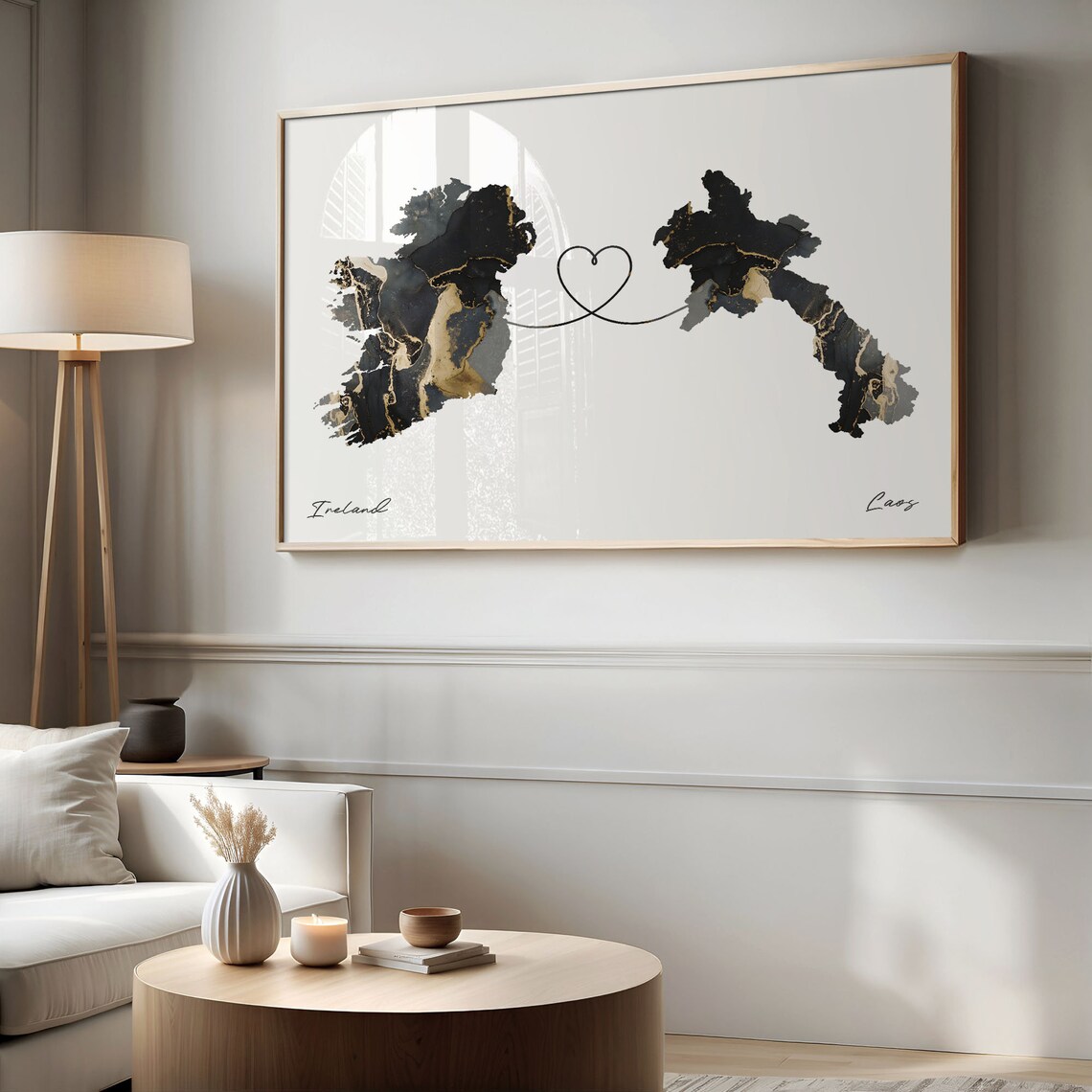 Ireland and Laos Black and Gold Marble Heart Map Connection Poster - Image 2