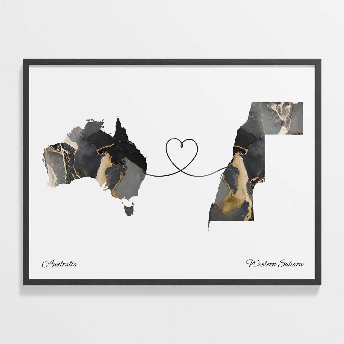 Australia To Western Sahara Heart Connected Black Marble Country Map Poster