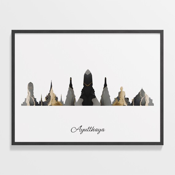 Ayutthaya Skyline Black and Gold Marble Cityscape Art Poster
