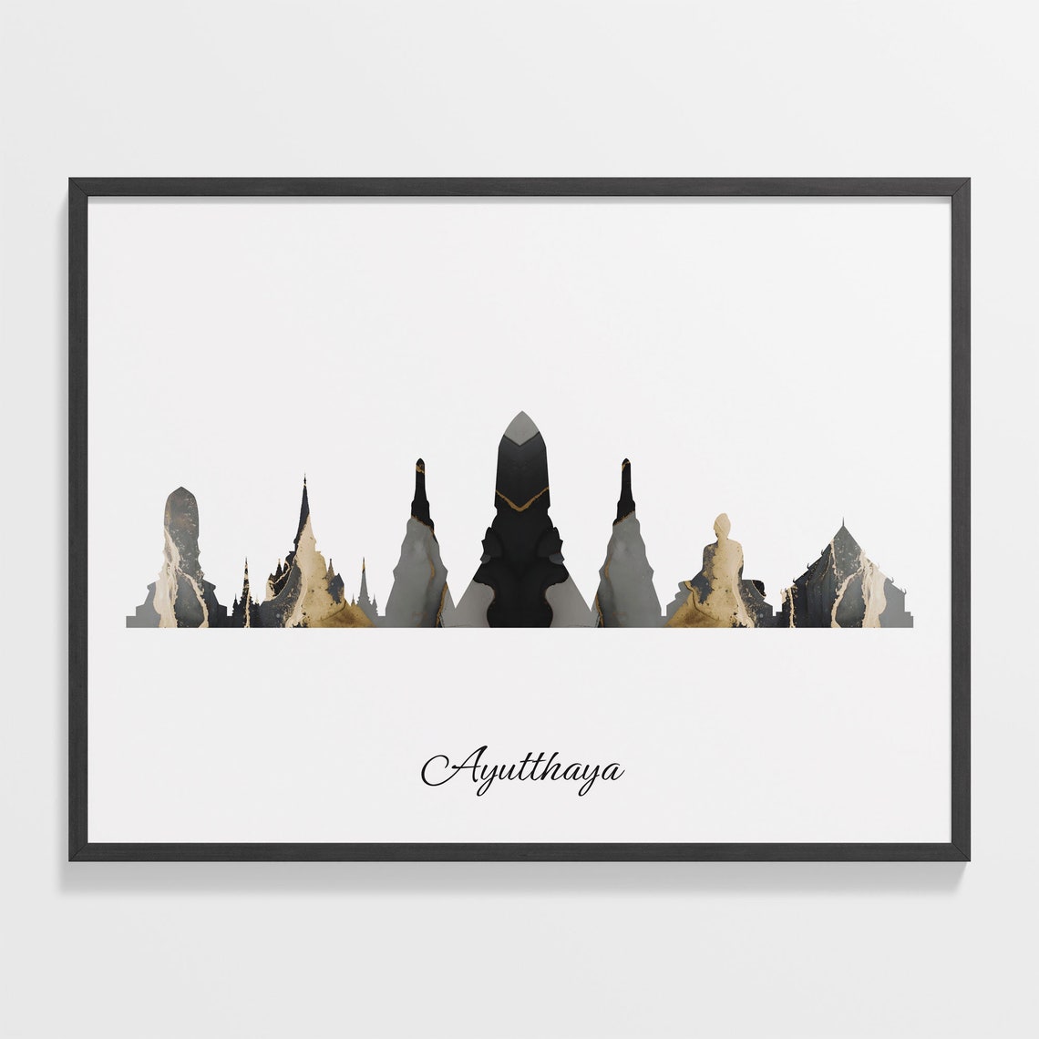 Ayutthaya Skyline Black and Gold Marble Cityscape Art Poster