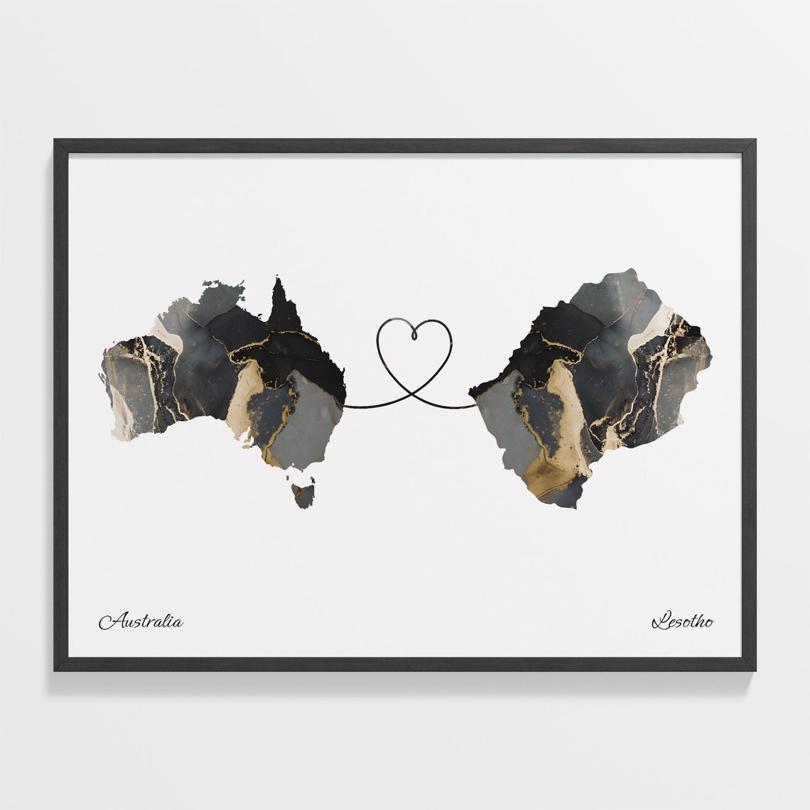 Australia to Lesotho Black and Gold Marble Two Country Map Poster