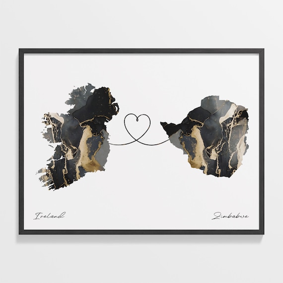 Ireland to Zimbabwe Two Country Long Distance Heart Marble Map Poster