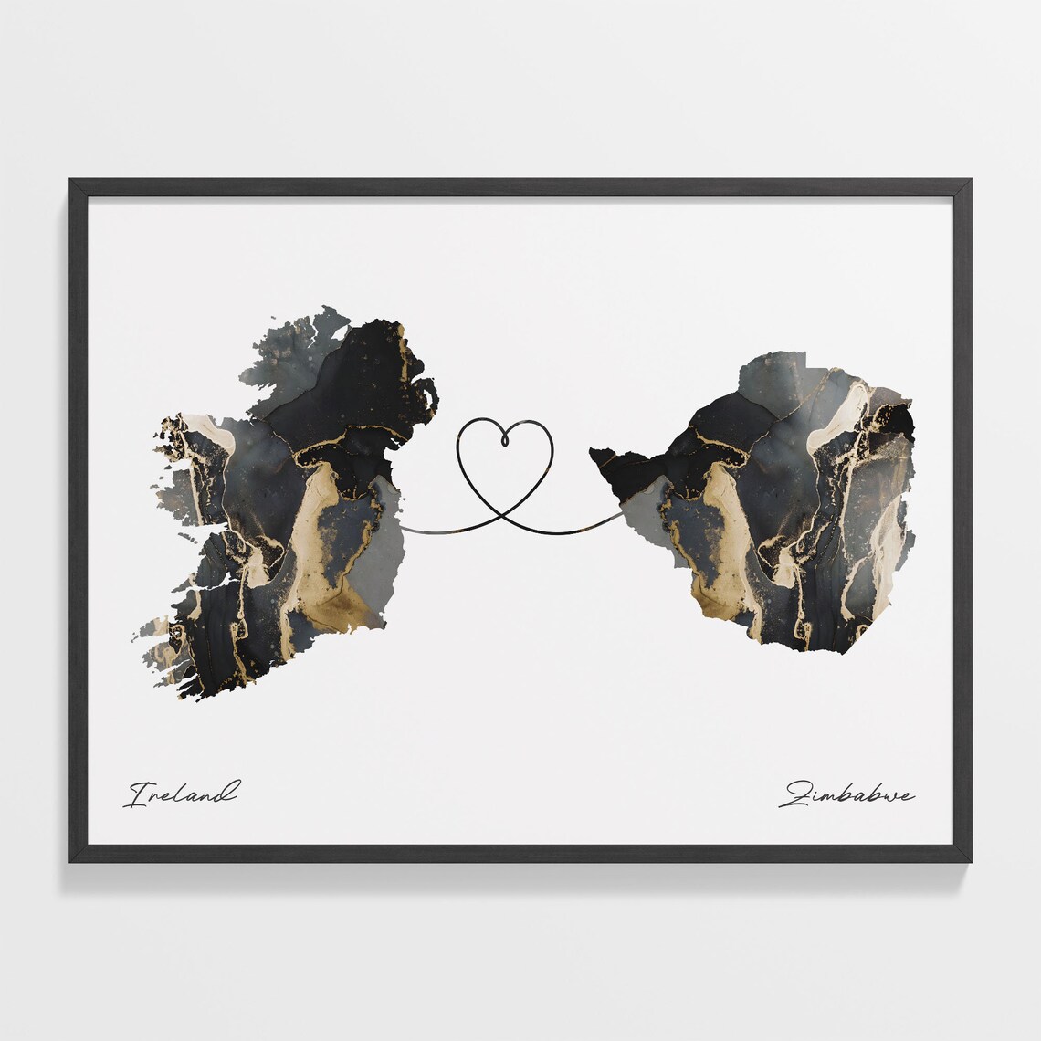 Ireland to Zimbabwe Two Country Long Distance Heart Marble Map Poster