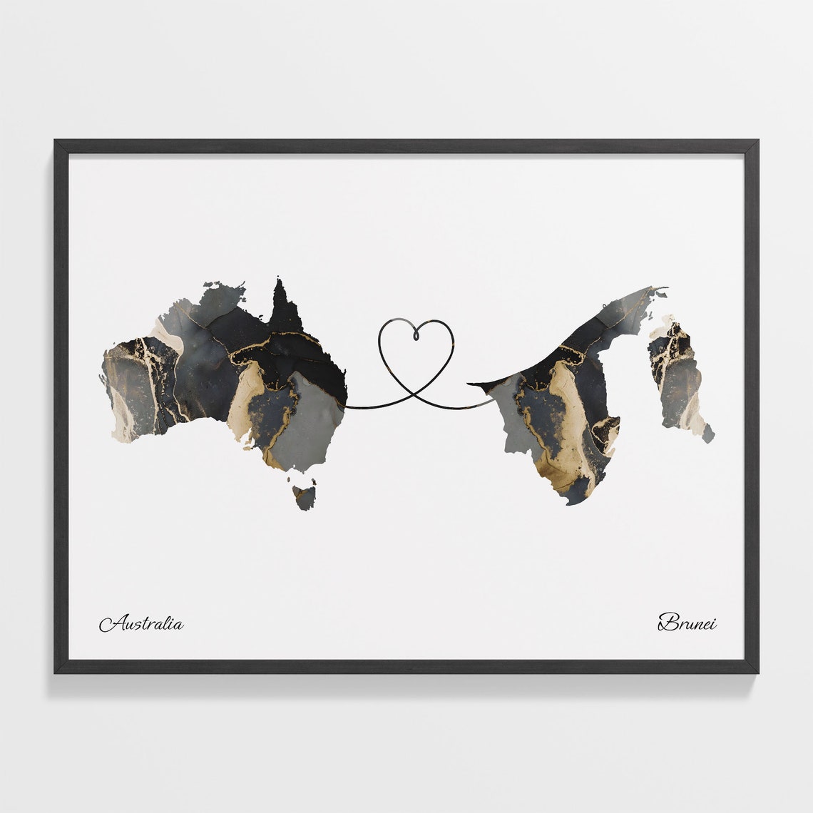 Australia to Brunei Black and Gold Marble Two Country Map Poster