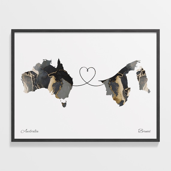 Australia to Brunei Black and Gold Marble Two Country Map Poster