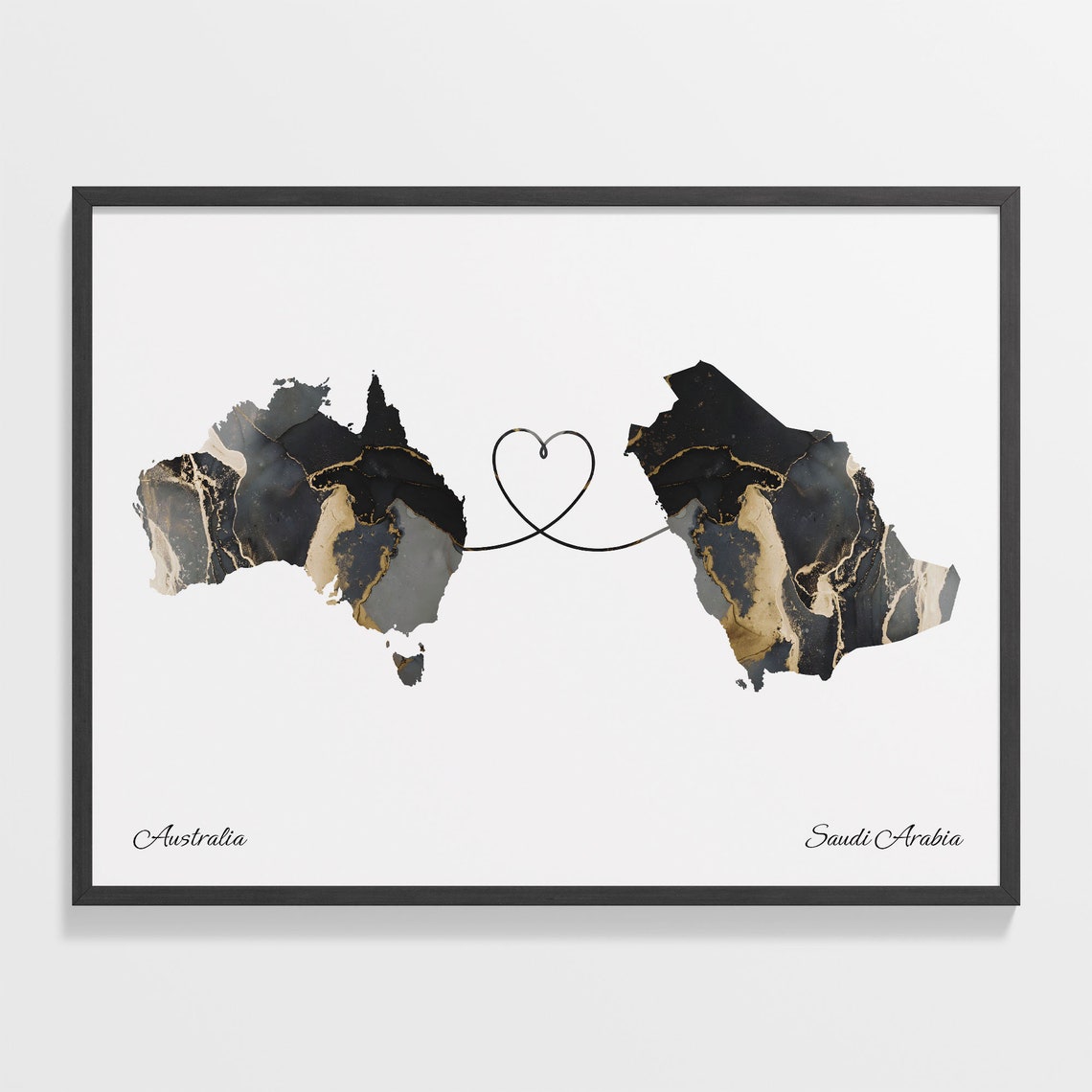 Australia Saudi Arabia Long Distance Love Heart Marble Map Gift Poster