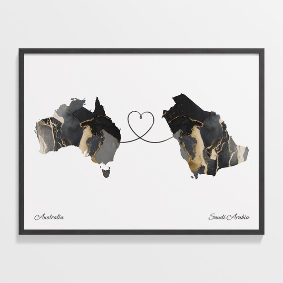 Australia Saudi Arabia Long Distance Love Heart Marble Map Gift Poster