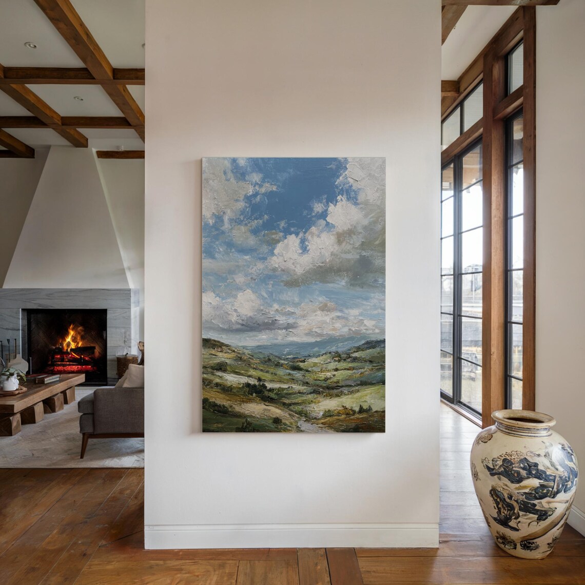 English Countryside Hills Cloudy Sky Landscape Oil Painting Wall Art - Image 3