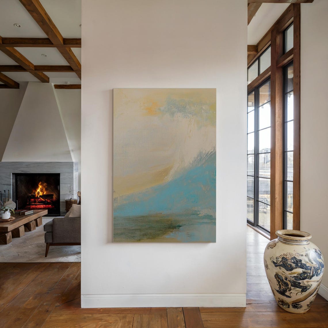 Soft Beige Turquoise Abstract Wash Beach Inspired Art Poster - Image 3