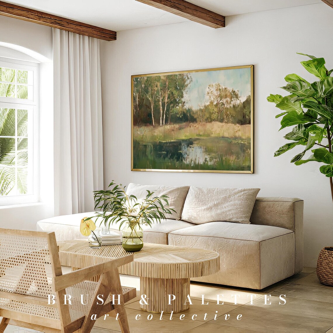 Green Lakeside Meadow With Trees Serene Pond Oil Painting Style Poster - Image 3