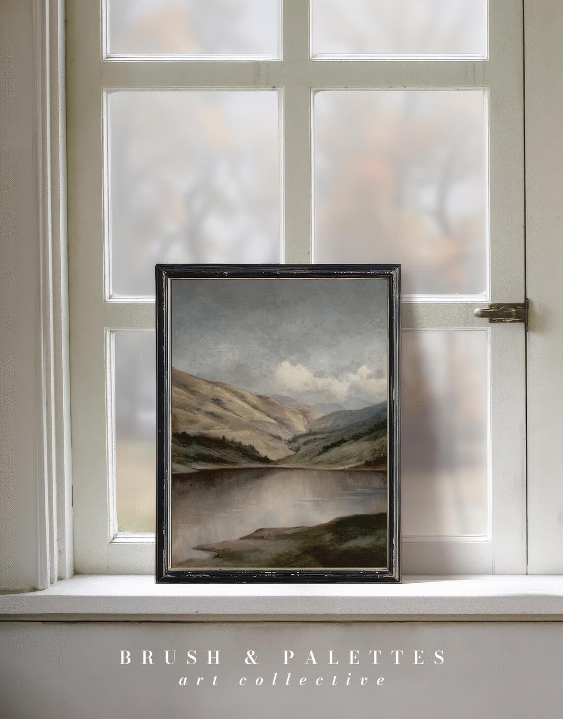 Misty Mountain Lake Gray Muted Tones Serene Landscape Painting Poster - Image 2