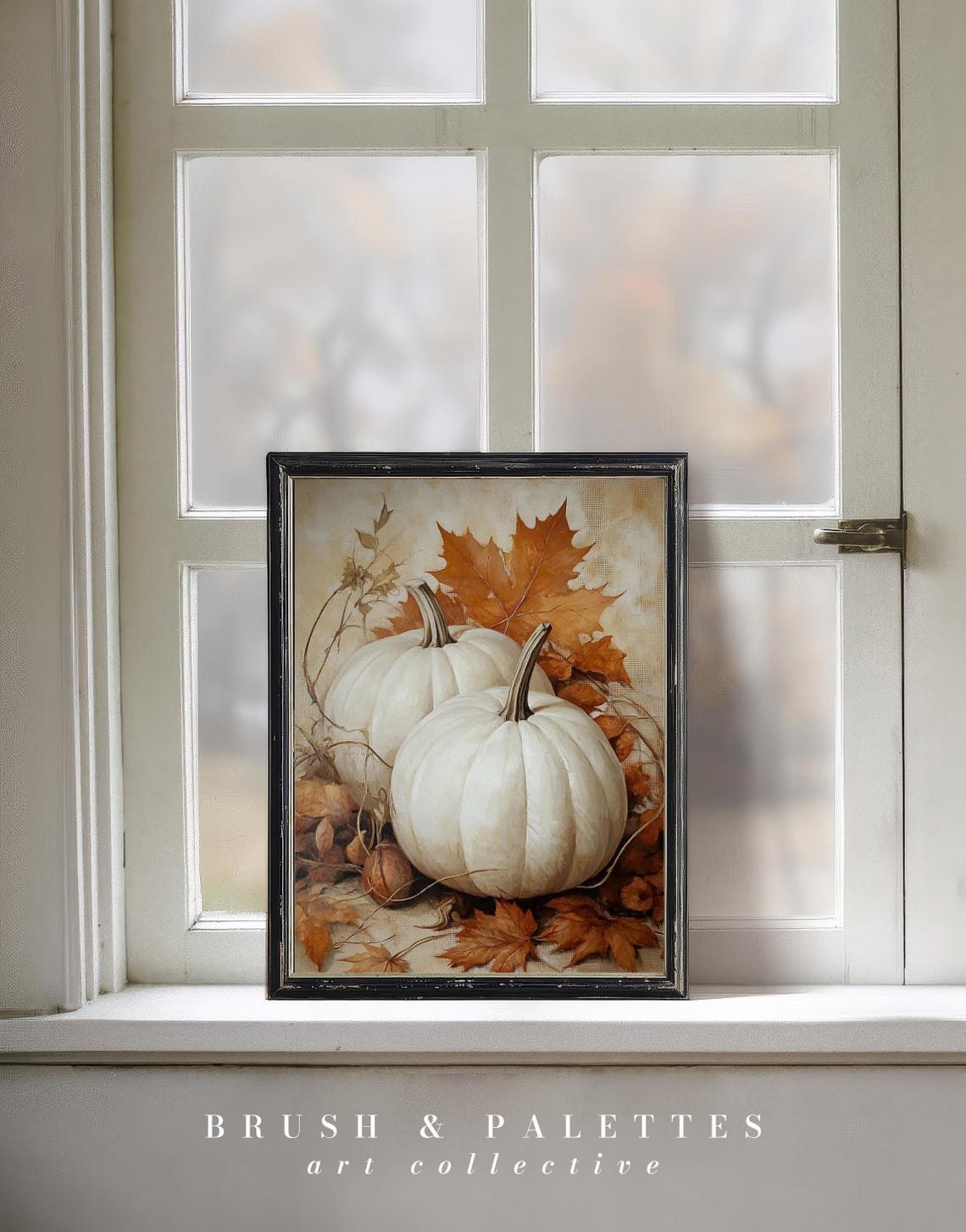 White Pumpkins With Autumn Leaves Fall Harvest Still Life Poster - Image 2