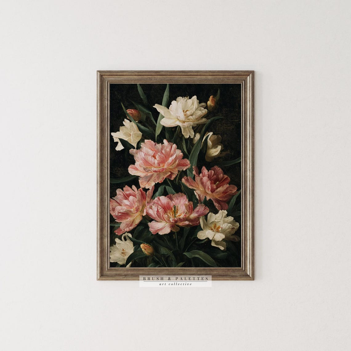 Pink And White Parrot Tulips On Dark Vintage Botanical Poster - Image 3