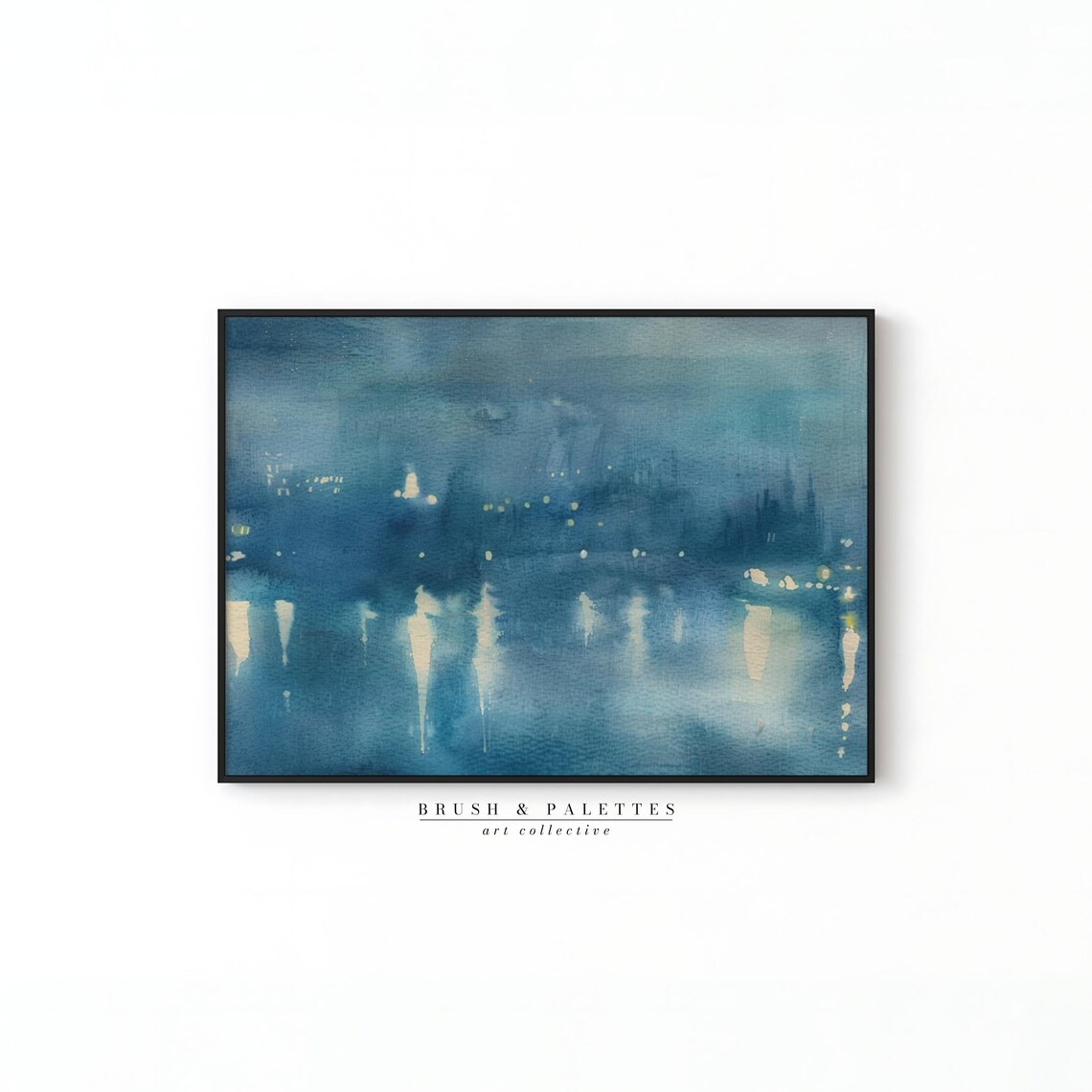 Abstract Blue Night Cityscape With Glowing Lights Watercolor Skyline Poster - Image 2