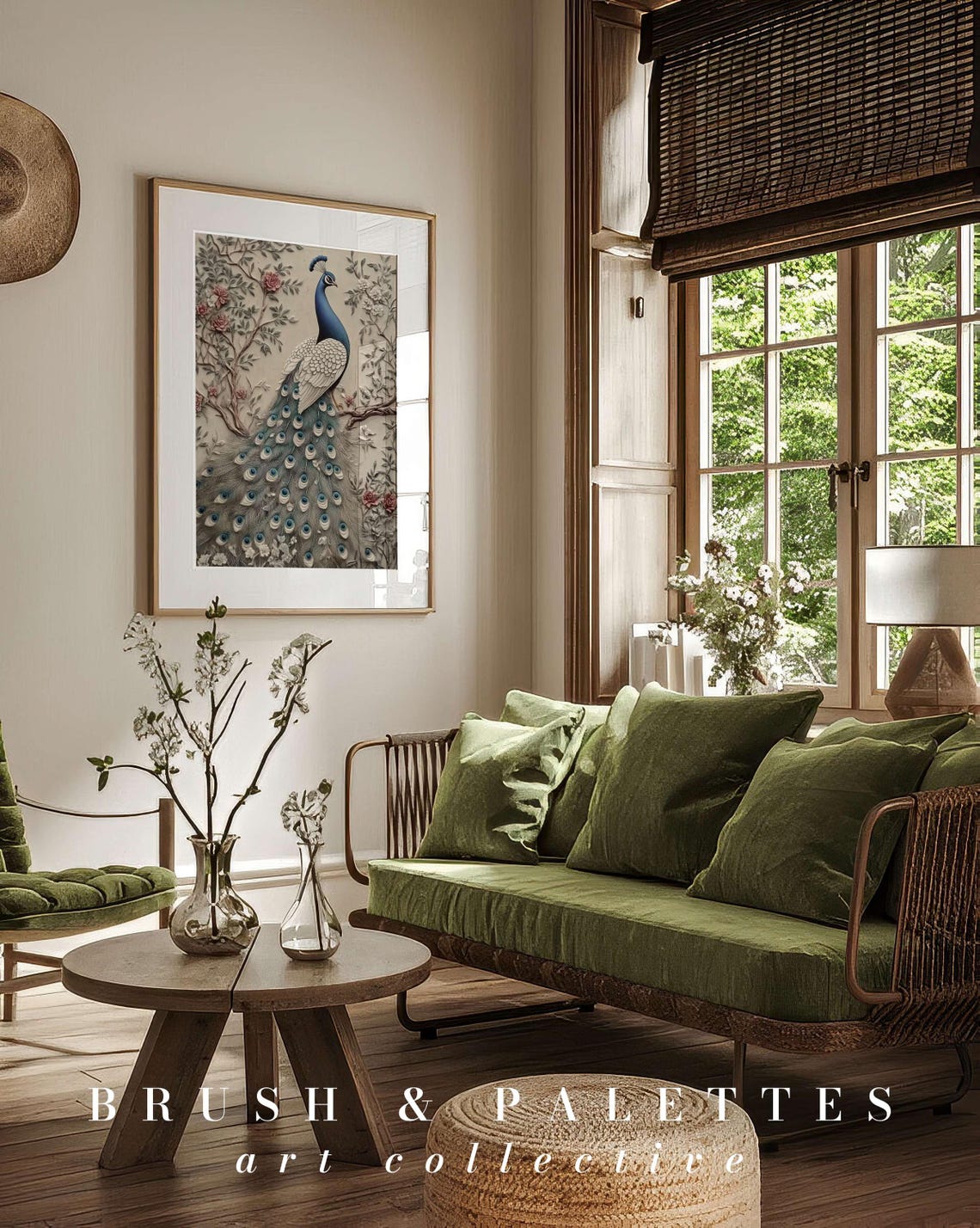 Peacock Relief Art Embossed Floral Ivory Bird Sculpted Painting Poster - Image 3