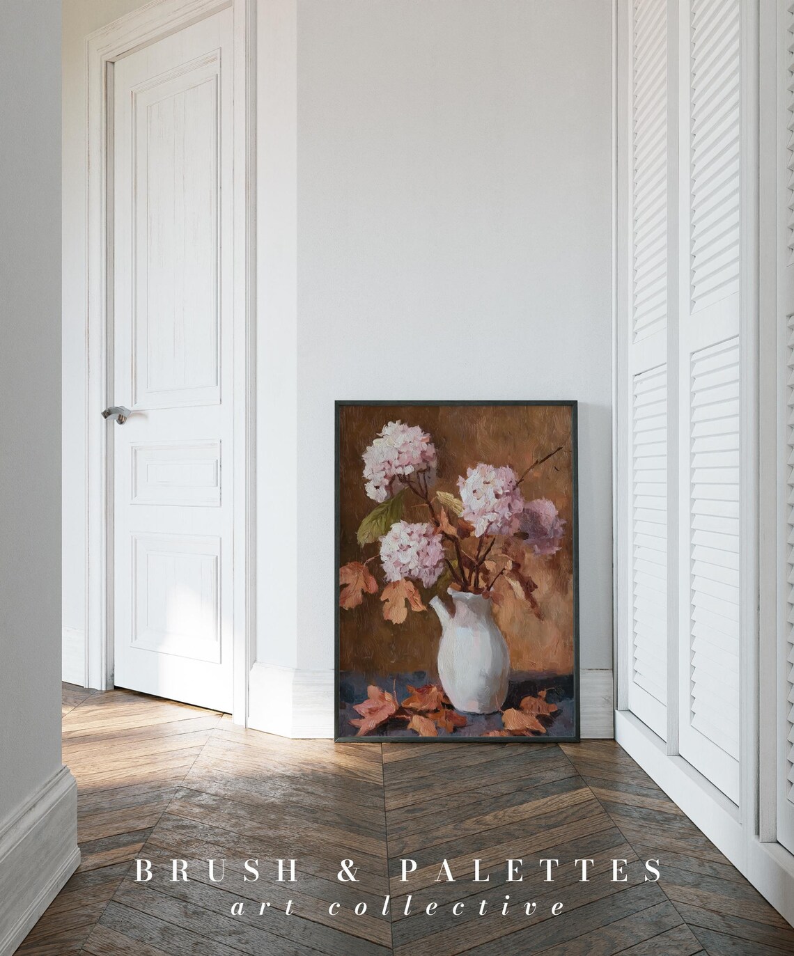 Pink Hydrangeas In White Vase With Autumn Leaves Vintage Still Life Poster - Image 2