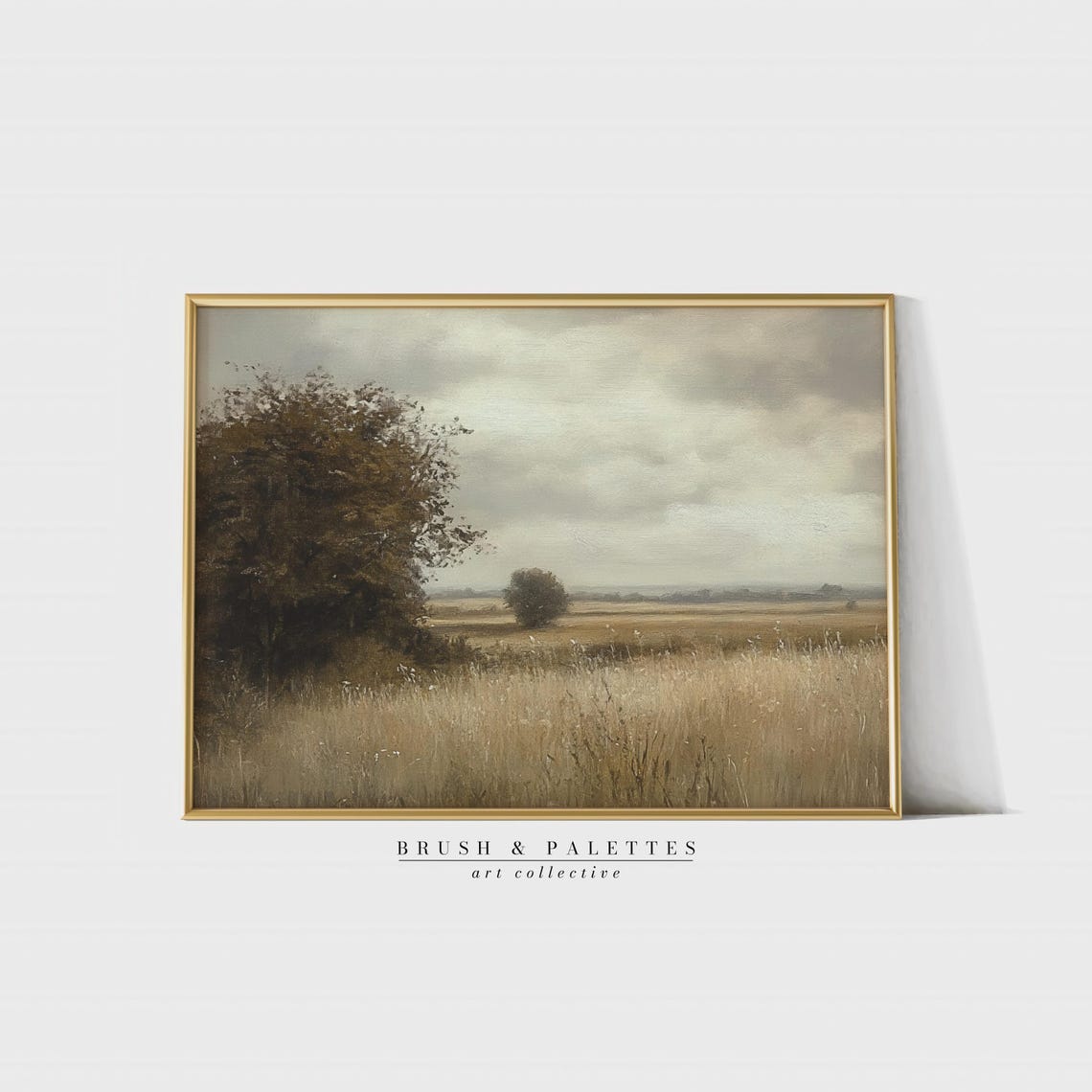 Golden Grass Field Lone Trees Overcast Sky Rustic Art Poster
