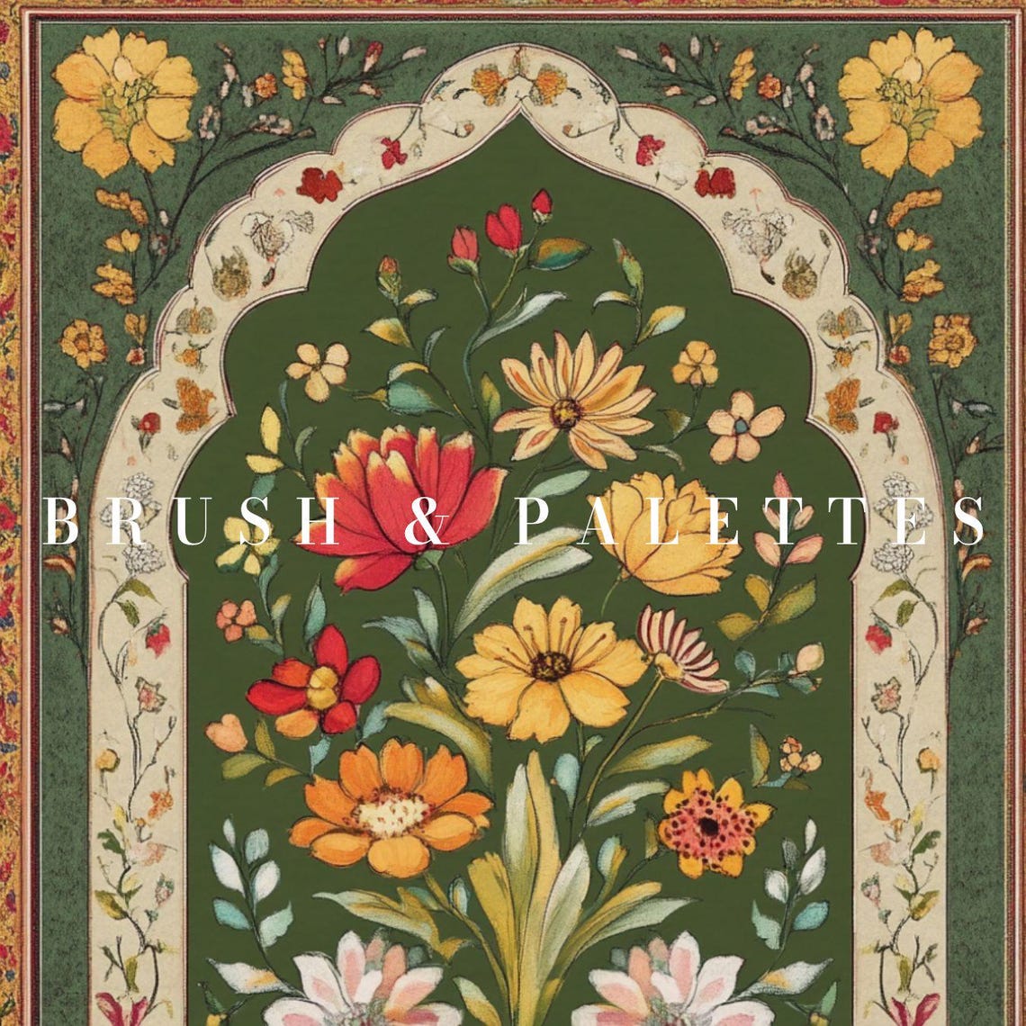 Mughal Floral Arch Botanical Painting Deep Green Red Gold Wall Art - Image 3