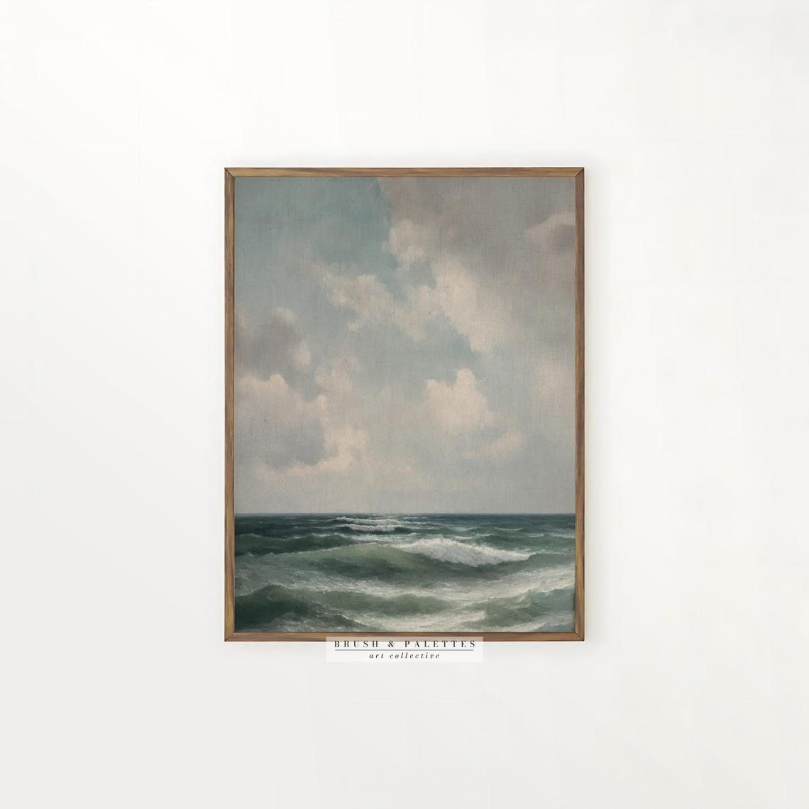 Muted Vintage Ocean Waves Seascape Cloudy Sky Coastal Painting Poster - Image 2
