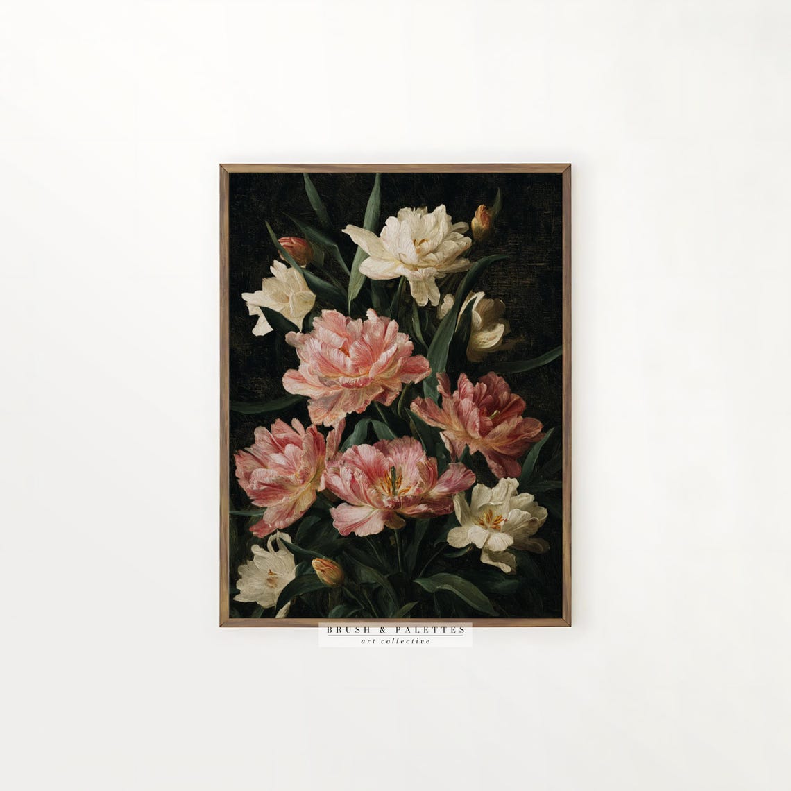 Pink And White Parrot Tulips On Dark Vintage Botanical Poster - Image 2