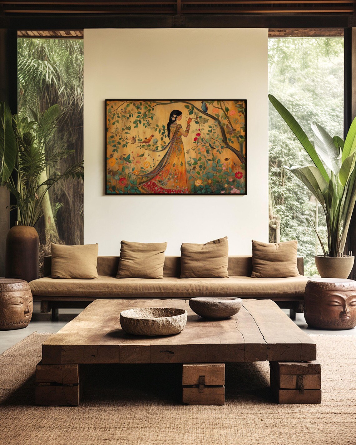 Beautiful Indian Woman In Floral Garden With Birds Ethnic Wall Poster - Image 3
