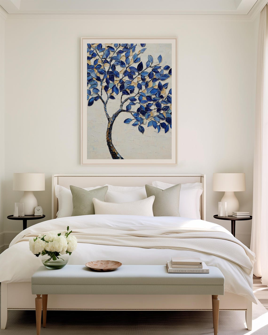 Blue And Beige Leaf Tree Mosaic Style Textured Painting Poster - Image 2